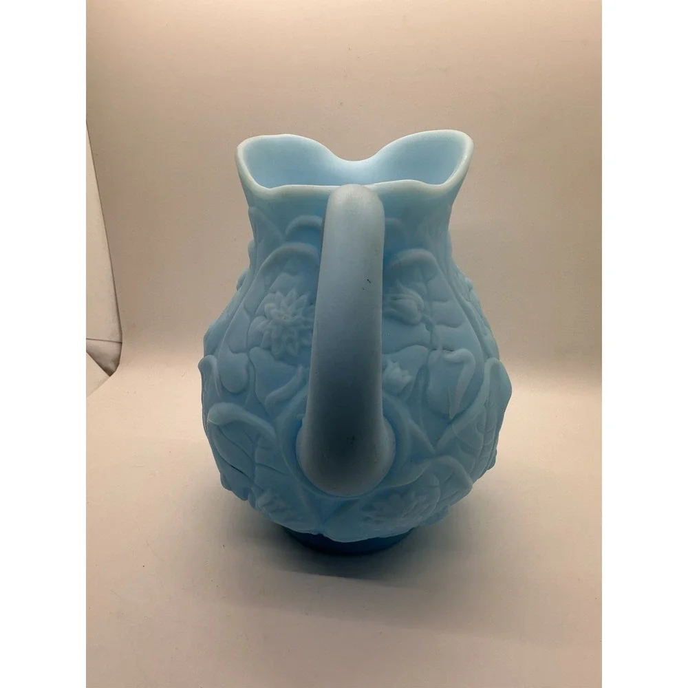 Vintage Fenton Blue‎ Satin Glass Water Lily Pattern Pitcher